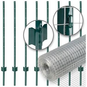 VOSS.farming Gartenzaun-SET: Volierendraht 10mx100cm + 8x Metall Zaunpfosten