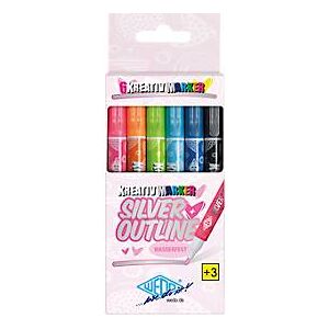 WEDO Kreativmarker-Set Silver + Outline, Silberlackstifte mit farbiger Umrandung, Rundspitze, assortiert, versch. Farben, 6 Stk