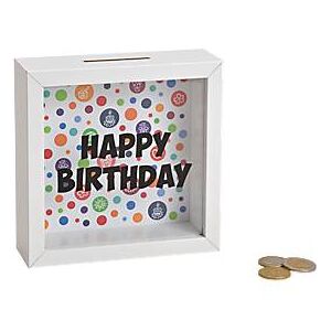ROOST Sparkasse Happy Birthday, Spardose, Holzrahmen, Glasfront, entleerbar, 15 x 15 x 5 cm, weiss
