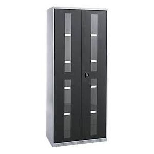 Schäfer Shop Genius Flügeltürenschrank FS, Stahl, Sichtfenster, Lüftungslöcher, B 810 x T 520 x H 1950 mm, 5 OH, Weissalu/Anthrazitgrau, bis 300 kg