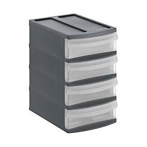 Schubladenbox Rotho SYSTEMIX TOWER XS, 4 geschlossene Schübe im Format A6, Griffmulden, stapelbar, L 196 x B 141 x H 233 mm, PP, anthrazit-transparent
