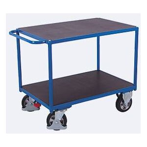 Schwerlast-Tischwagen, Stahl/Siebdruckplatte, Enzianblau/Dunkelbraun, 2 Etagen, L 1995 x B 800 mm, Vollgummi-Rollen mit EasySTOP, bis 1000 kg