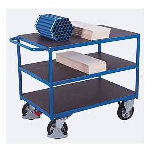 Schwerlast-Tischwagen, Stahl/Siebdruckplatte, Enzianblau/Dunkelbraun, 3 Etagen, L 1595 x B 800 mm, Vollgummi-Rollen mit EasySTOP, bis 1000 kg