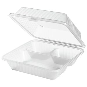 Contacto Mehrweg-Menübehälter Eco-Takeout dreigeteilt, hoher Deckel; 23x23x9 cm (LxBxH); transparent; quadratisch; 12 Stück / Packung