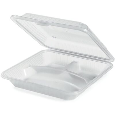 Contacto Mehrweg-Behälter Eco-Takeout® 3 Fächer; 23x23x7 cm (LxBxH); transparent; quadratisch; 12 Stück / Pack Contacto Mehrweg-Behälter Eco-Takeout® 3 Fächer; 23x23x7 cm (LxBxH); transparent; quadratisch; 12 Stück / Pack