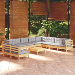 vidaXL 11-tlg. Garten-Lounge-Set mit Grauen Kissen Massivholz Kiefer - Grau