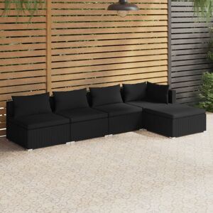 vidaXL 5-tlg. Garten-Lounge-Set mit Kissen Poly Rattan Schwarz - Schwarz