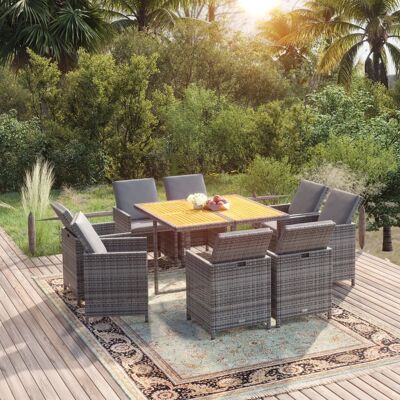 vidaXL 9-tlg. Garten-Essgruppe mit Kissen Poly Rattan Grau - Grau vidaXL 9-tlg. Garten-Essgruppe mit Kissen Poly Rattan Grau - Grau