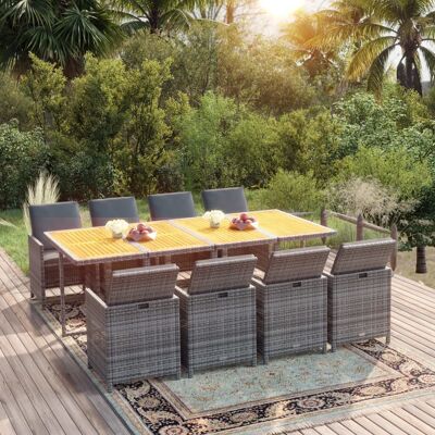 vidaXL 9-tlg. Garten-Essgruppe mit Auflagen Poly Rattan Grau - Grau vidaXL 9-tlg. Garten-Essgruppe mit Auflagen Poly Rattan Grau - Grau