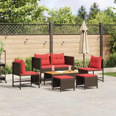 vidaXL Gartensofa-set mit Kissen 6 pcs Braun und Rot Poly-Rattan - Braun vidaXL Gartensofa-set mit Kissen 6 pcs Braun und Rot Poly-Rattan - Braun