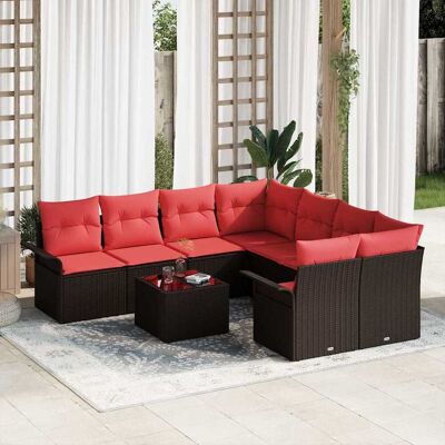 vidaXL Gartensofa-set mit Kissen 9 pcs Braun und Rot Poly-Rattan - Braun vidaXL Gartensofa-set mit Kissen 9 pcs Braun und Rot Poly-Rattan - Braun