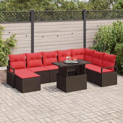 vidaXL Garten-Sofa-Set mit Kissen 9 pcs Braun und Rot Poly-Rattan - Braun vidaXL Garten-Sofa-Set mit Kissen 9 pcs Braun und Rot Poly-Rattan - Braun