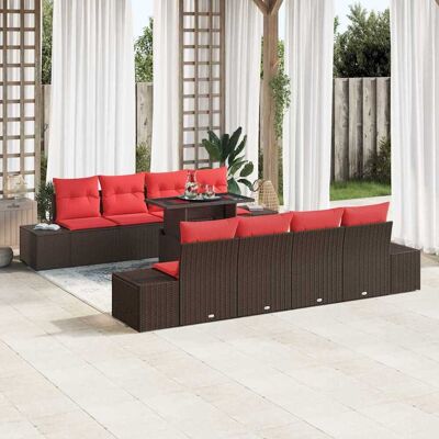 vidaXL Gartensofa-set mit Kissen 9 pcs Braun und Rot Poly-Rattan - Braun vidaXL Gartensofa-set mit Kissen 9 pcs Braun und Rot Poly-Rattan - Braun