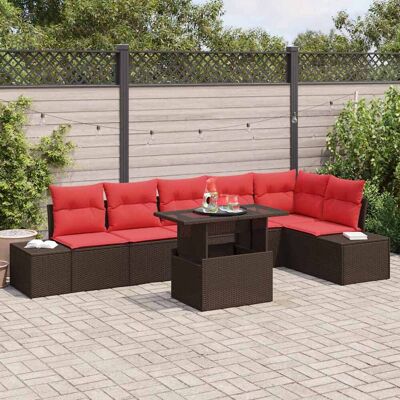 vidaXL Gartensofa-set mit Kissen 7 pcs Braun und Rot Poly-Rattan - Braun vidaXL Gartensofa-set mit Kissen 7 pcs Braun und Rot Poly-Rattan - Braun