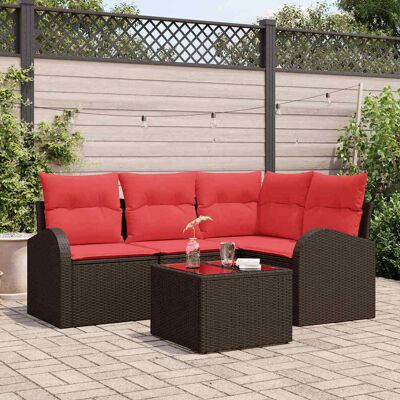 vidaXL Gartensofa-set mit Kissen 5 pcs Braun und Rot Poly-Rattan - Braun vidaXL Gartensofa-set mit Kissen 5 pcs Braun und Rot Poly-Rattan - Braun