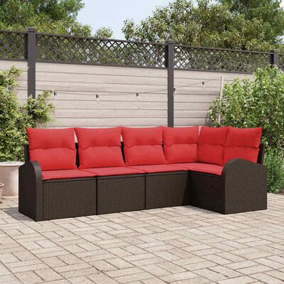 vidaXL Gartensofa-set mit Kissen 5 pcs Braun und Rot Poly-Rattan - Braun vidaXL Gartensofa-set mit Kissen 5 pcs Braun und Rot Poly-Rattan - Braun