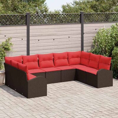 vidaXL Gartensofa-set mit Kissen 9 pcs Braun und Rot Poly-Rattan - Braun vidaXL Gartensofa-set mit Kissen 9 pcs Braun und Rot Poly-Rattan - Braun