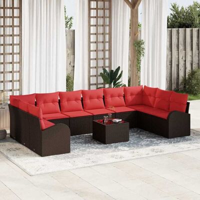 vidaXL Gartensofa-set mit Kissen 11 pcs Braun und Rot Poly-Rattan - Braun vidaXL Gartensofa-set mit Kissen 11 pcs Braun und Rot Poly-Rattan - Braun