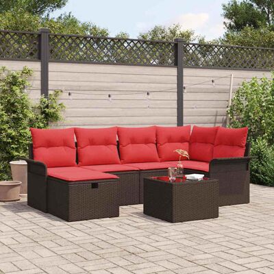 vidaXL Gartensofa-set mit Kissen 7 pcs Braun und Rot Poly-Rattan - Braun vidaXL Gartensofa-set mit Kissen 7 pcs Braun und Rot Poly-Rattan - Braun