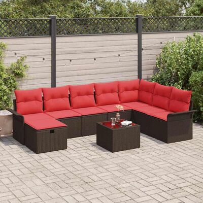vidaXL Gartensofa-set mit Kissen 9 pcs Braun und Rot Poly-Rattan - Braun vidaXL Gartensofa-set mit Kissen 9 pcs Braun und Rot Poly-Rattan - Braun