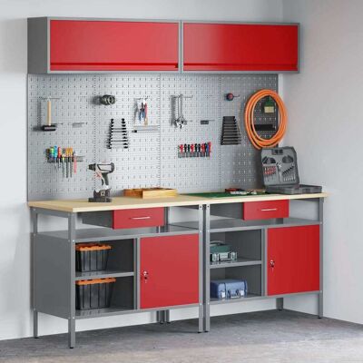 vidaXL Werkbank-Set 8 pcs Rot und Grau Pulverbeschichteter Stahl - Rot vidaXL Werkbank-Set 8 pcs Rot und Grau Pulverbeschichteter Stahl - Rot