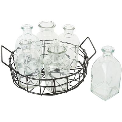 Drahtkorb mit 6 Glasflaschen Drahtkorb mit 6 Glasflaschen