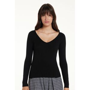 Tezenis Mittelschwerer gerippter Pullover mit langen Ärmeln, V-Ausschnitt und Wolle Frau Schwarz Größe M