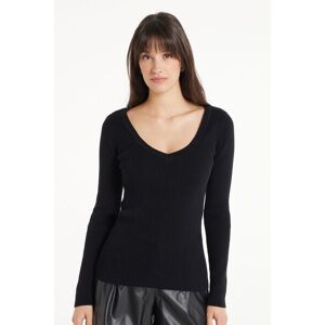 Tezenis Gerippter Pullover mit langen Ärmeln mit V-Ausschnitt Frau Schwarz Größe S
