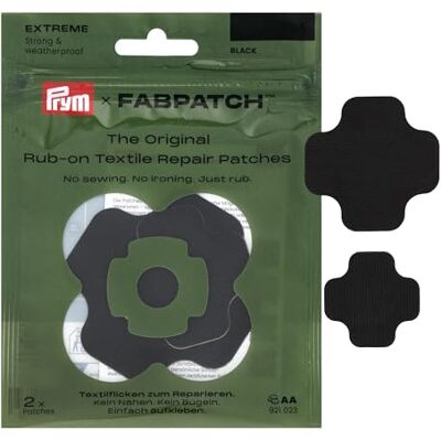 Prym 921023 FabPatch EXTREME Rub-on Patch Schwarz (2 Stück) – Wasserfeste & extra robuste Reparaturflicken für Outdoorjacken, Regenbekleidung, Taschen & Schuhe – Selbstklebend ohne Nähen Prym 921023 FabPatch EXTREME Rub-on Patch Schwarz (2 Stück) – Wasserfeste & extra robuste Reparaturflicken für Outdoorjacken, Regenbekleidung, Taschen & Schuhe – Selbstklebend ohne Nähen