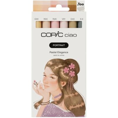 Copic Ciao PORTRAIT Set Pastel Elegance, 5 Pastellfarben inkl. 1 Multiliner 0,3 mm in Warmgrau, Twin Marker mit einer mittelbreiten und einer Brush Spitze Copic Ciao PORTRAIT Set Pastel Elegance, 5 Pastellfarben inkl. 1 Multiliner 0,3 mm in Warmgrau, Twin Marker mit einer mittelbreiten und einer Brush Spitze