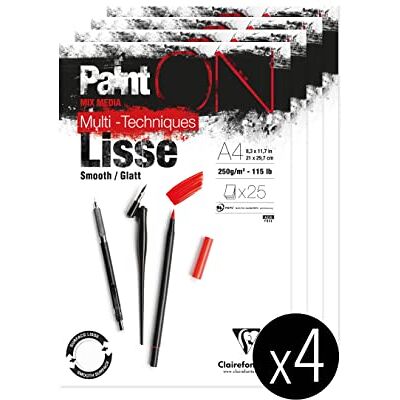 Clairefontaine 975729C Packung mit 4 Blöcken Paint´ON Lisse/Glatt, DIN A4, kopfseitig geleimt, 25 Blatt, 250g, weiß, 1 Pack 25 Blatt / DIN A4 Clairefontaine 975729C Packung mit 4 Blöcken Paint´ON Lisse/Glatt, DIN A4, kopfseitig geleimt, 25 Blatt, 250g, weiß, 1 Pack 25 Blatt / DIN A4