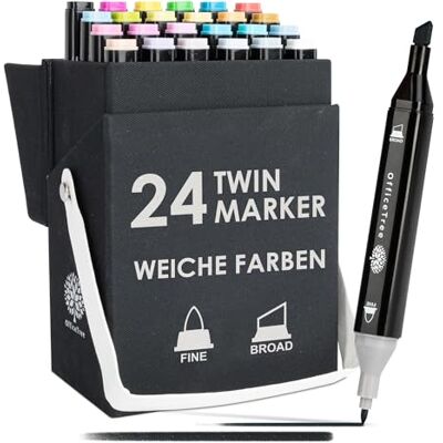 OfficeTree Alkohol Marker 24er Set Doppelspitze zum Zeichnen Spitzen mit 1 mm und 2 bis 6 mm, weiche Farbübergänge OfficeTree Alkohol Marker 24er Set Doppelspitze zum Zeichnen Spitzen mit 1 mm und 2 bis 6 mm, weiche Farbübergänge