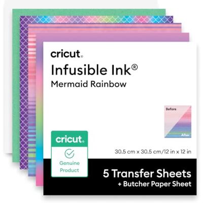 Cricut Infusible Ink Transferbögen + Butcher Paper, Mermaid, für glatte Wärmeübertragungen, 30,5 cm x 30,5 cm, kompatibel mit Heat Press Packung mit 5 Ink-Transferbögen und 1 Butcher Cricut Infusible Ink Transferbögen + Butcher Paper, Mermaid, für glatte Wärmeübertragungen, 30,5 cm x 30,5 cm, kompatibel mit Heat Press Packung mit 5 Ink-Transferbögen und 1 Butcher