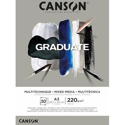Canson Graduate C400110372 Mix Media Papier Block, DIN A3, 30 Blatt, 220 g/m², Grau Canson Graduate C400110372 Mix Media Papier Block, DIN A3, 30 Blatt, 220 g/m², Grau