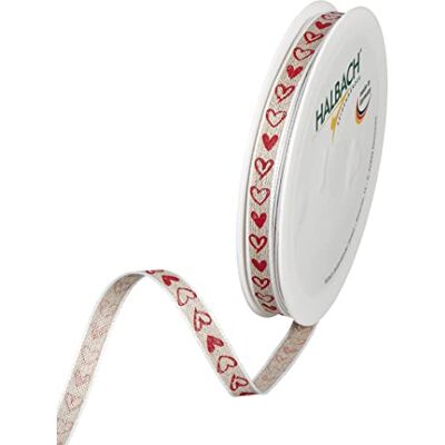 Halbach Seidenbänder bedruckes Leinenband Herzen mit Drahtkante, Breite 10 mm Länge 15 m, Geschenkband für Muttertag, Konfirmation oder Kommunion DIY Dekoartionsband, Farbe: natur/rot Halbach Seidenbänder bedruckes Leinenband Herzen mit Drahtkante, Breite 10 mm Länge 15 m, Geschenkband für Muttertag, Konfirmation oder Kommunion DIY Dekoartionsband, Farbe: natur/rot