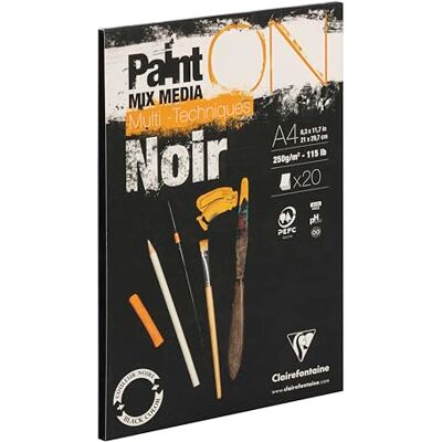 Clairefontaine 975169C Zeichenblock / Skizzenheft PaintON, DIN A4 21x29,7 cm, kopfseitig geleimt, 20 Blatt, 250g, 100% Zellulose, ideal für Mixmedia, leichte raue Oberfläche, Schwarz, 1 Stück Clairefontaine 975169C Zeichenblock / Skizzenheft PaintON, DIN A4 21x29,7 cm, kopfseitig geleimt, 20 Blatt, 250g, 100% Zellulose, ideal für Mixmedia, leichte raue Oberfläche, Schwarz, 1 Stück