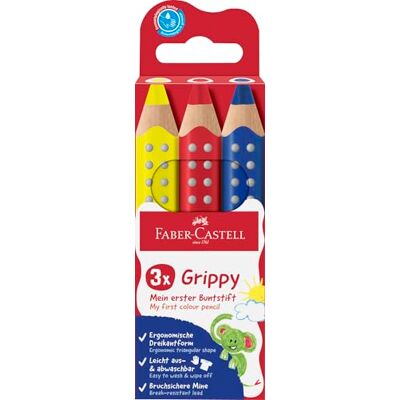 Faber-Castell 110707 Set Grippy, 3 Jumbo Buntstifte für Kleinkinder, leicht abwaschbare Malstifte für Kinder, ergonomische dreieckige Form, dicke Buntstifte, 10mm dicke Mine Faber-Castell 110707 Set Grippy, 3 Jumbo Buntstifte für Kleinkinder, leicht abwaschbare Malstifte für Kinder, ergonomische dreieckige Form, dicke Buntstifte, 10mm dicke Mine