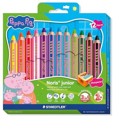 Staedtler Noris junior Buntstifte Peppa Wutz 12er Set 3 in 1 Wachsmal-Aquarellstifte für vielseitige Untergründe Extra weiche Farbminen für intensive Farben Ergonomische Kinderstifte Staedtler Noris junior Buntstifte Peppa Wutz 12er Set 3 in 1 Wachsmal-Aquarellstifte für vielseitige Untergründe Extra weiche Farbminen für intensive Farben Ergonomische Kinderstifte