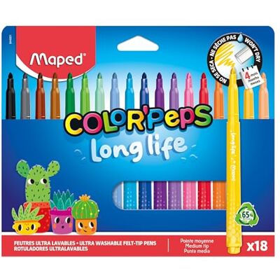 Maped COLOR’PEPS LONG LIFE 2.0 Filzstifte 18er Set – Ultra auswaschbare Fasermaler, langlebig, 3,6 mm Spitze, robuste Kinderstifte für Schule & Malen Maped COLOR’PEPS LONG LIFE 2.0 Filzstifte 18er Set – Ultra auswaschbare Fasermaler, langlebig, 3,6 mm Spitze, robuste Kinderstifte für Schule & Malen