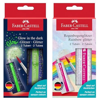 Faber-Castell Glitzer Regenbogen und Glow In The Dark, 4 x 12 ml Glitzer- und Leuchtfarben zum Malen, Basteln und kreativen Gestalten Faber-Castell Glitzer Regenbogen und Glow In The Dark, 4 x 12 ml Glitzer- und Leuchtfarben zum Malen, Basteln und kreativen Gestalten
