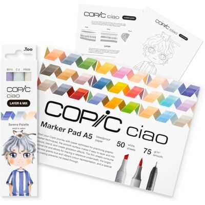 Copic Ciao LAYER & MIX Starter Set Serene, Marker Set mit 3 verschiedenen Farben, Markerpapier und Zeichenvorlage zum abpausen, inkl. Kennenlern-Übungsblatt Copic Ciao LAYER & MIX Starter Set Serene, Marker Set mit 3 verschiedenen Farben, Markerpapier und Zeichenvorlage zum abpausen, inkl. Kennenlern-Übungsblatt