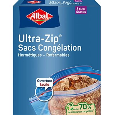 Albal 8 Gefrierbeutel mit Ultra-Reißverschluss – großes Modell 8 l – Reißverschluss – strapazierfähig – 70% recycelte Ressourcen Albal 8 Gefrierbeutel mit Ultra-Reißverschluss – großes Modell 8 l – Reißverschluss – strapazierfähig – 70% recycelte Ressourcen