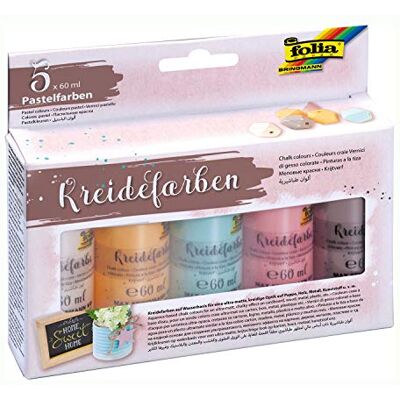 folia 35019 Kreidefarben auf Wasserbasis, 5 x 60 ml, beige, apricot, hellblau, rosa und pastellbraun, ultra-matt, kreidige Optik für Pappe, Holz, Metall, Kunststoff folia 35019 Kreidefarben auf Wasserbasis, 5 x 60 ml, beige, apricot, hellblau, rosa und pastellbraun, ultra-matt, kreidige Optik für Pappe, Holz, Metall, Kunststoff