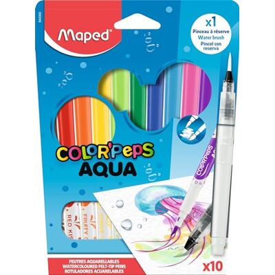 Maped Aquarell-Filzstifte, Fasermaler COLOR'PEPS AQUA x10 + Pinsel mit Wassertank Maped Aquarell-Filzstifte, Fasermaler COLOR'PEPS AQUA x10 + Pinsel mit Wassertank