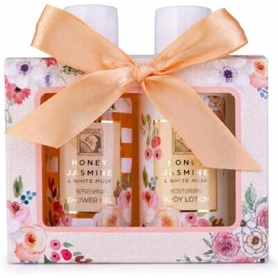accentra Badeset HONEY JASMINE Wellness Geschenkset in Apricot, Weiß & Gold Duschgel und Bodylotion in Geschenkbox mit Sichtfenster, ideal als kleine Aufmerksamkeit zu Geburtstag oder Muttertag accentra Badeset HONEY JASMINE Wellness Geschenkset in Apricot, Weiß & Gold Duschgel und Bodylotion in Geschenkbox mit Sichtfenster, ideal als kleine Aufmerksamkeit zu Geburtstag oder Muttertag