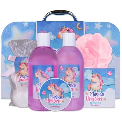 accentra Einhorn Geschenkset für Mädchen, 7-teiliges Badeset im Koffer mit Duschgel, Schaumbad, Badesalz, Körperlotion, Badebomben und Schwamm mit Erdbeer- und Vanilleduft für Kinder zum Geburtstag accentra Einhorn Geschenkset für Mädchen, 7-teiliges Badeset im Koffer mit Duschgel, Schaumbad, Badesalz, Körperlotion, Badebomben und Schwamm mit Erdbeer- und Vanilleduft für Kinder zum Geburtstag