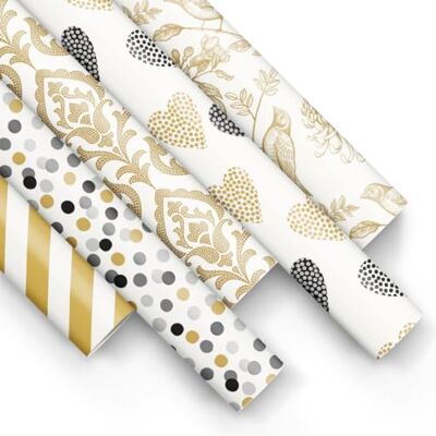 PAW Decor Collection PAW Geschenkpapier 200x70cm 5 Rollen Mix aus 5 Motiven Elegante Papierrolle für Geburtstage, Hochzeiten, Babypartys, Partys und Geschenke Schwarz-goldene Muster PAW Decor Collection PAW Geschenkpapier 200x70cm 5 Rollen Mix aus 5 Motiven Elegante Papierrolle für Geburtstage, Hochzeiten, Babypartys, Partys und Geschenke Schwarz-goldene Muster