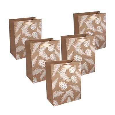 Sigel Premium Geschenktüten Tannenzapfen Zweige 18 x 23 cm 5er Set GT131/5, für Weihnachten, Braun-weißes Motiv mit Seidenbandgriffen Sigel Premium Geschenktüten Tannenzapfen Zweige 18 x 23 cm 5er Set GT131/5, für Weihnachten, Braun-weißes Motiv mit Seidenbandgriffen