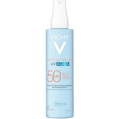 VICHY Capital Soleil UV Aqua Sonnenschutzspray, Körper, LSF 50, 200 ml Für sonnenexponierte Haut, Spendet 24h Feuchtigkeit, mit Beta-Carotin, Dermatologisch getestet VICHY Capital Soleil UV Aqua Sonnenschutzspray, Körper, LSF 50, 200 ml Für sonnenexponierte Haut, Spendet 24h Feuchtigkeit, mit Beta-Carotin, Dermatologisch getestet