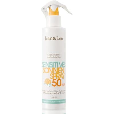 Jean & Len Sensitiv Sonnenspray 50 LSF wasserfest, für empfindliche Haut geeignet, ohne Silikone, Octocrylen & Duftstoffe, vegan, Sprühflasche 250 ml Jean & Len Sensitiv Sonnenspray 50 LSF wasserfest, für empfindliche Haut geeignet, ohne Silikone, Octocrylen & Duftstoffe, vegan, Sprühflasche 250 ml